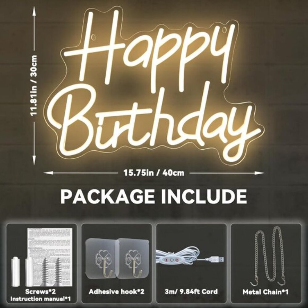 New Happy Birthday Neon Sign, Warm White LED Wall Light for Party & Backdrop - Picture 2 of 7